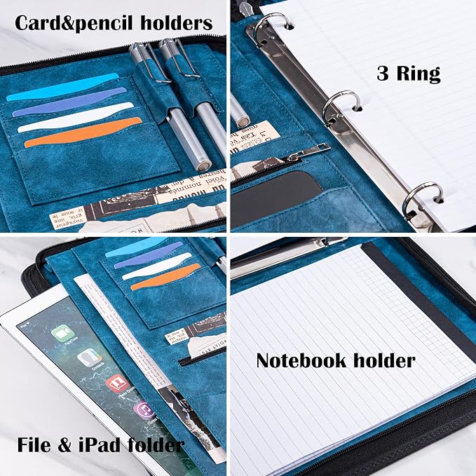 Calfinder Embossed 3 Ring Portfolio Binder, Professional Business Padfolio for Women &Men, Leather Portfolio for Interview, Resume & 13 inch Laptop