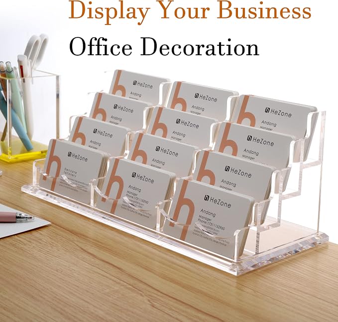 HeZone Business Card Holder Display for Desk, 12 Slot 4 Tier Multiple-Clear Acrylic Business Card Stand Set, Holds Approximately 600 Cards(12 Cell H)