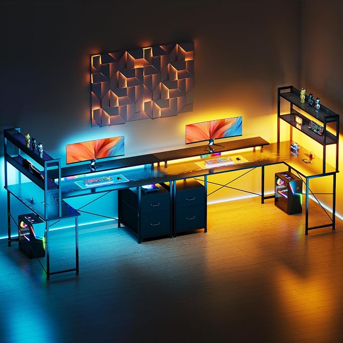 L Shaped Gaming Desk, Reversible with LED Lights, Shelves, Charging, Black | Reversible, LED lights, Charging, Monitor stand