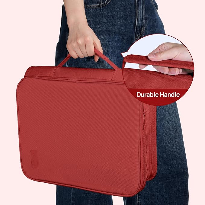 SUNEE Zippered Binder Bag with Handle, 2-Inch 3-Ring O-Ring, 500-Sheet Capacity, Includes Zip Pocket, 5-Tab Expanding File Folder, Multi-Pocket Organizer Binder for Middle School, Bright Red
