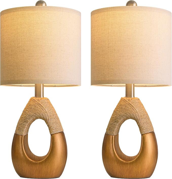 19" Table Lamps Set of 2, Boho Lamps for Living Room, Rustic Bedside Lamps for Bedroom, Farmhouse Rattan Table Lamp, Small Space Nightstand Lamp for Home Office (Bulb Not Included, Gold)