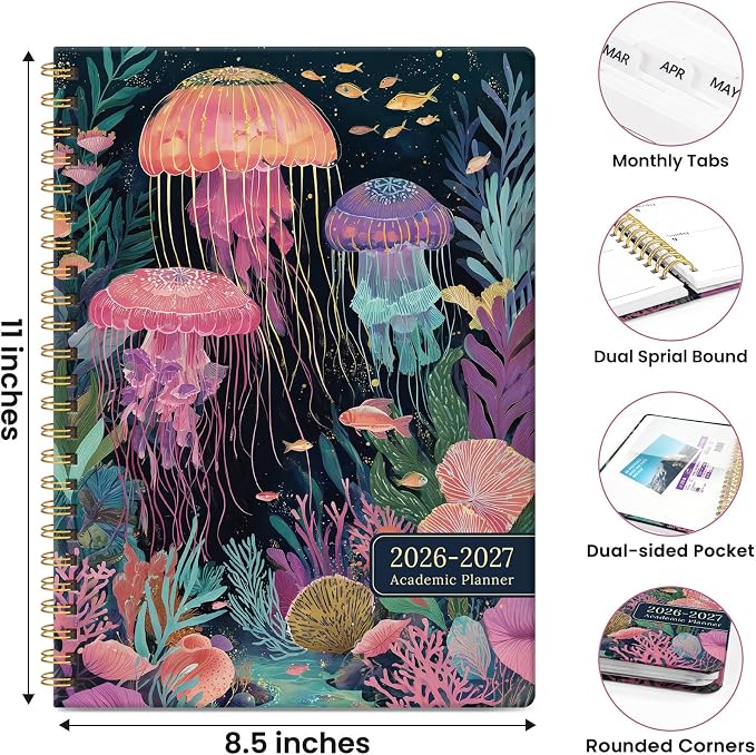 Planner 2026-2027, Academic Year Monthly & Weekly Planner Caledndar, July 2026 - June 2027, Hardcover Large Planning Agenda Book with Tabs for School Office Supplies, 8.5" x 11" - Jellyfish