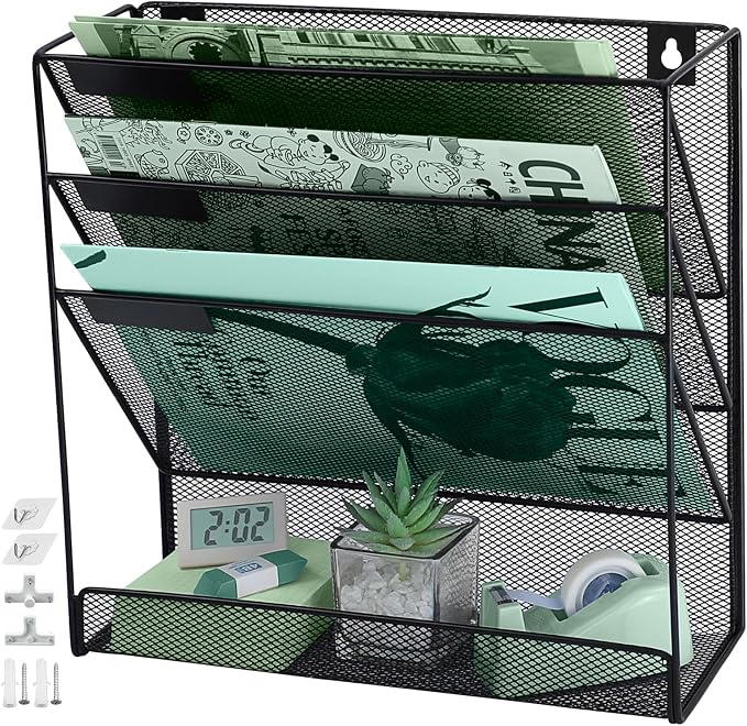 3 Pockets Mesh Wall File Holder Organizer with Bottom Flat Tray, Office Hanging File Folder Magazine Rack, Nametag Label Hooks Set Included, Black