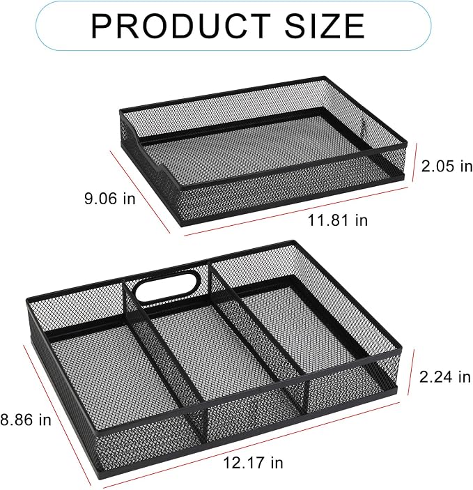 Office Drawer Organizer, 2 Pack Metal Mesh Desk Draw Divider, Versatile Desktop Organizer Tray to Keep Supplies Tidy and Easy to Access, Stackable A4 Paper Holder Tray