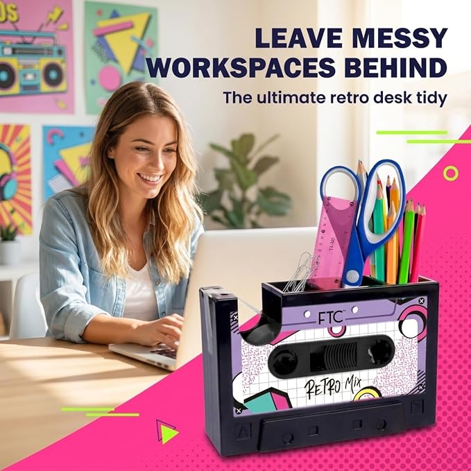 FTC Cassette Tape Dispenser, Retro Desk Organizer & Pen Holder – Fun Novelty Office Supplies for Home or Office 6.7” x 2” x 4.5” (Retro Mix Tape)