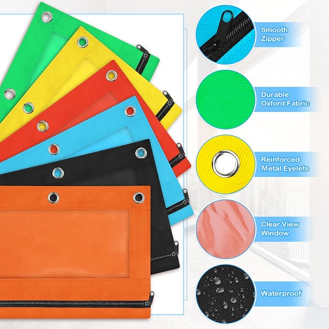 72 Pack Pencil Pouch For 3 Ring Binder | Pencil Pouch In 6 Assorted Colors, Smooth Zipper Pencil Pouches Bulk For School and Office Supplies With Clear Window