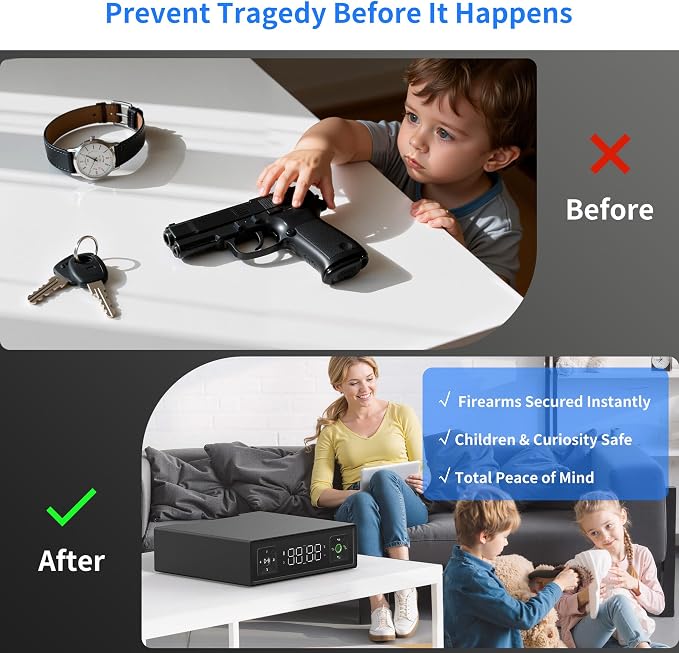 Smart Safety Box, Biometric Gun Safe for Handguns, Portable Security Safe with Fingerprint Lock, RFID Card, Keys, Anti-Theft Steel Cable, for Home & Travel, USB Charging, 2.4L Capacity