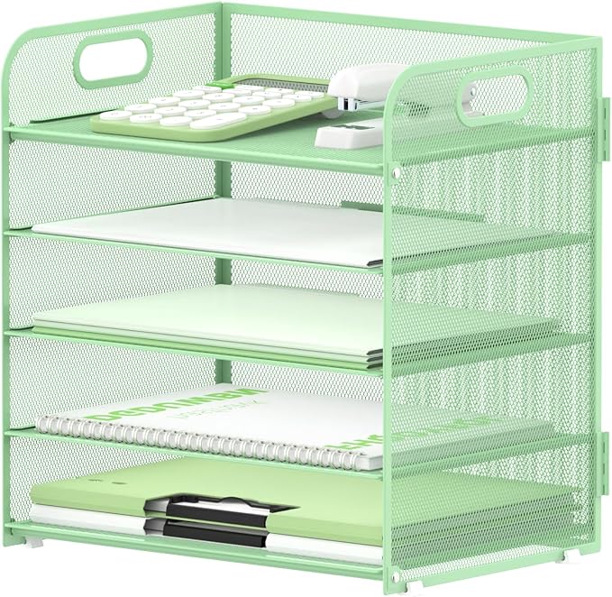 5 Trays Paper Organizer Letter Tray with Handle-Mesh Desk File Holders, Paper Sorter Desk Organizer for Office, Home, Classroom or School(Mint Green)