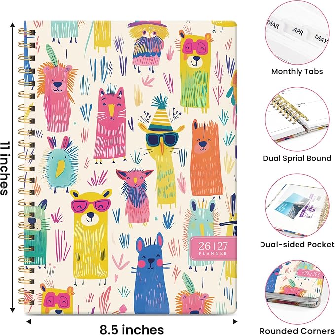 Planner 2026-2027, Academic Year Monthly & Weekly Planner Caledndar, July 2026 - June 2027, Hardcover Large Planning Agenda Book with Tabs for School Office Supplies, 8.5" x 11" - Furry Fiesta