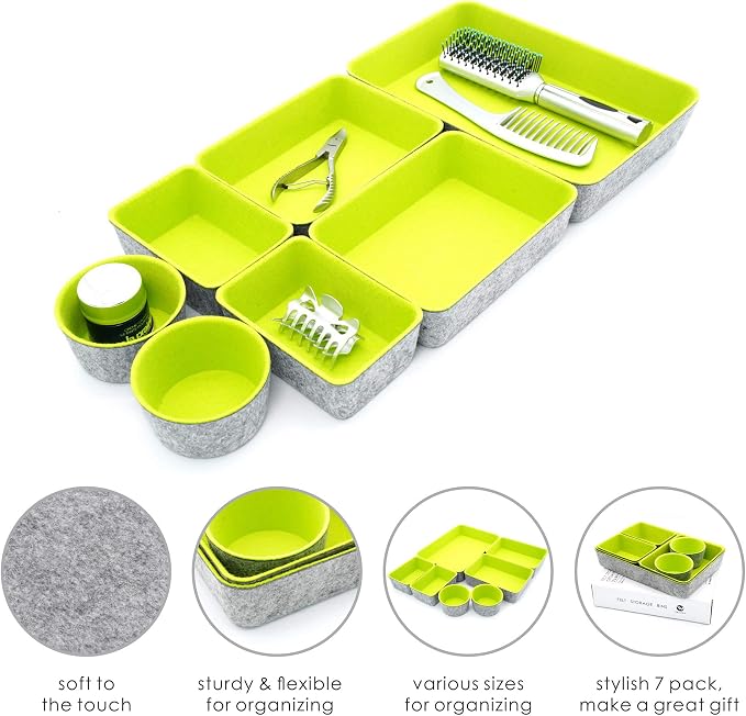 Felt Drawer Organizer Bin 7 pc Green Desk Nightstand Catchall Tray