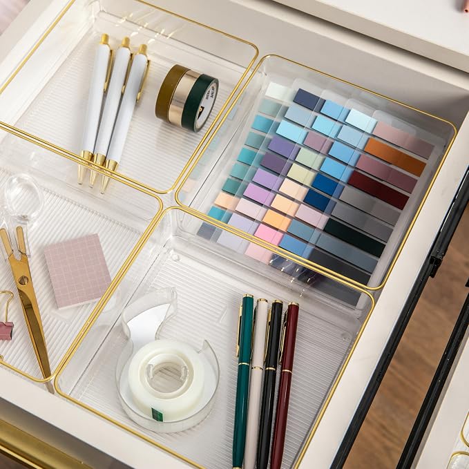 Martha Stewart Kerry Stackable Desk Drawer Organizers, Clear/Gold, 4-Pack | 6x6 in Organizers, Gold Trim, Stackable
