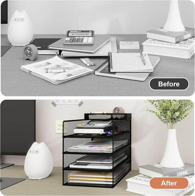 Natwind 4-Tier Stackable Metal Mesh Letter Paper Tray Organizer,Black | Desk Organizer For Paper,Document,Mail Tray For Office Supplies,File Holder For Home Office School Classroom Organization