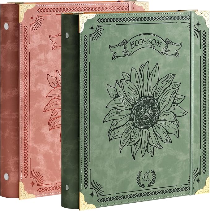 OVESMUSL 2 Pack PU Sunflower Leather 3 Ring Binder, 1 Inch Green Pink | Fits 8.5x11 letter paper, holds 200 sheets, sunflower design, loose leaf organizer