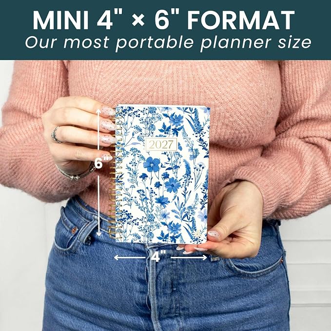 bloom daily planners 2027 Pocket Planner (January 2027 - December 2027) - 4” x 6” MINI Weekly Monthly Agenda Organizer & Calendar Year Book - Blue & White Floral