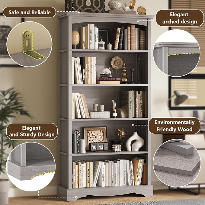 TVU 5-Tier Wooden Bookshelf, 65 Inch Tall Bookshelf with Storage, Floor Standing Modern Style Display Bookcase for Living Room, Office, Study Room, Entryway, Grey