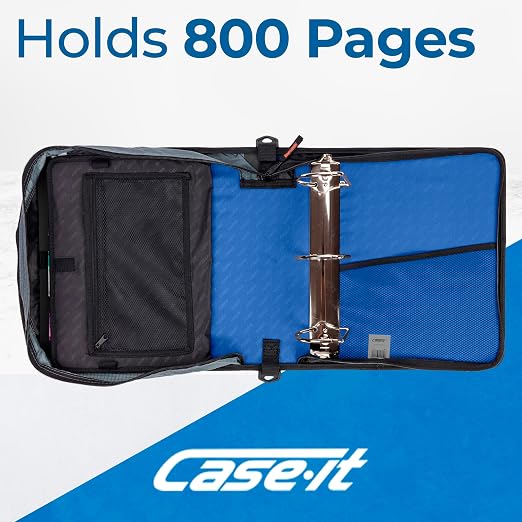 Case-it School Zipper Binder | 4" D-Rings | 800-Sheet | D-186 Midnight Blue | King Sized Zip Tab, 5-Subject Expanding File Folder, Multiple Pockets, Storage Organizer, Shoulder Strap, Office