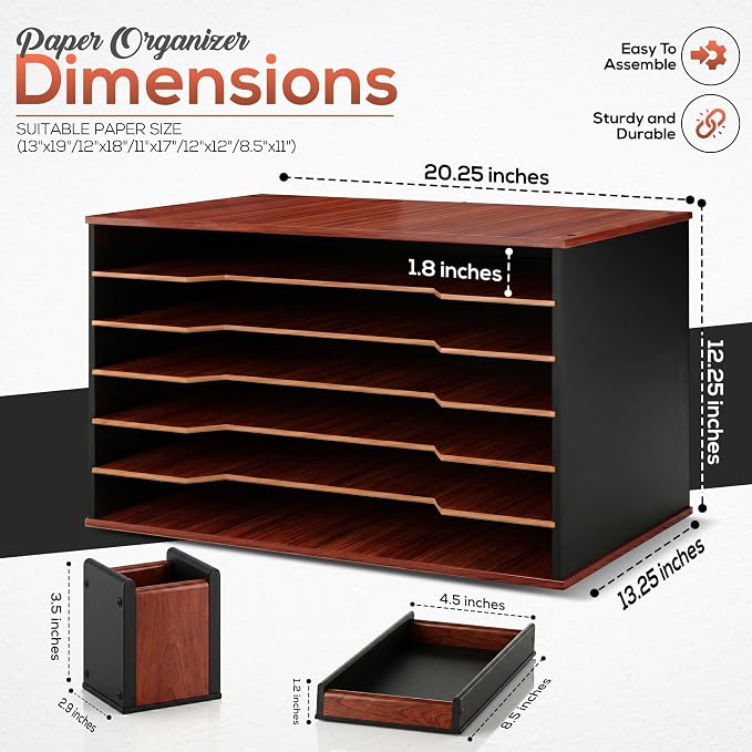 Wooden Paper Organizer 20.25"W x 12.25"H x 13.25"D, 6-Tier Storage for 12"x18" & 11"x17" Sheets, Includes Matching Pen Holder & Tray, Ideal for Office, Home, Art Room and Classroom