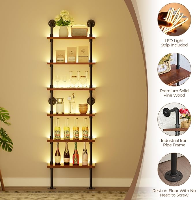 6-Tier LED Ladder Shelf, Wall Mounted Pipe Bookshelf, Walnut Brown 24 Inch | Solid pine 6-tier wall mounted pipe bookshelf with warm LED lights, 30 lb shelves, for books, plants and decor