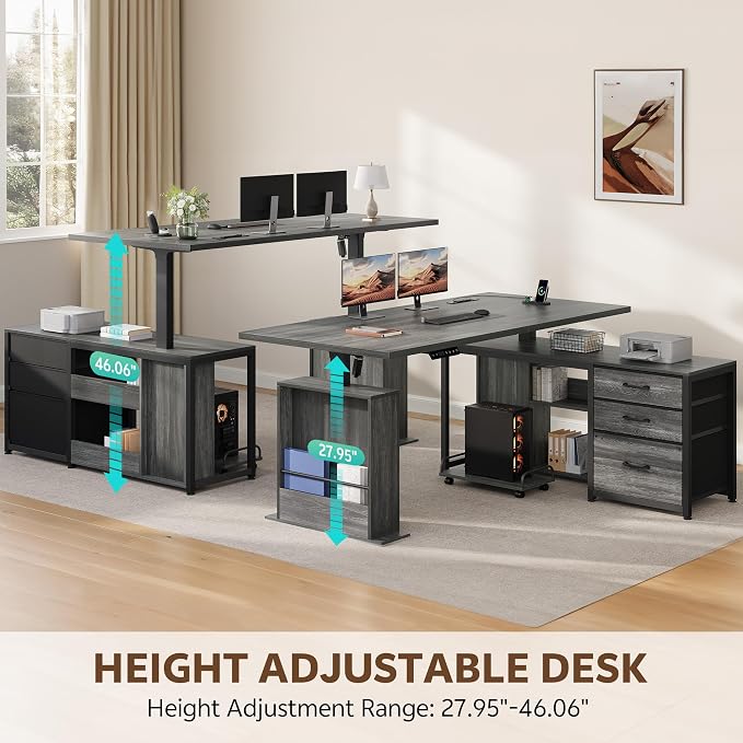 63'' L Shaped Desk with 3 Drawers Electric Standing Desks Grey | with Storage Computer Desk Adjustable Height with Power Outlets 4 Memory Presets for Home Office