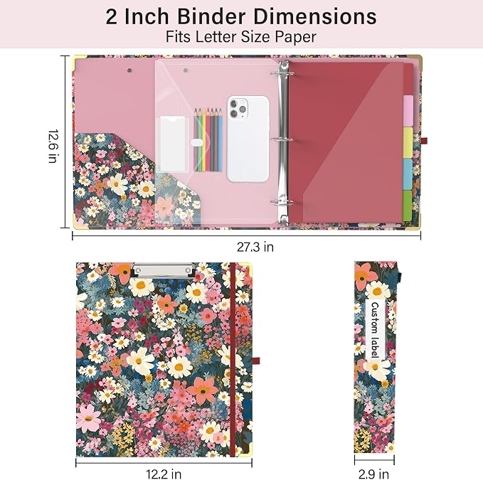 3 Ring Binder 2 Inch for Letter Size 8.5" x 11" Paper, Clipboard Binder with 5 Tabbed Dividers with Pockets, Plastic Folder and 40 Divider Stickers, School and Office Supplies, Colorful Flowers