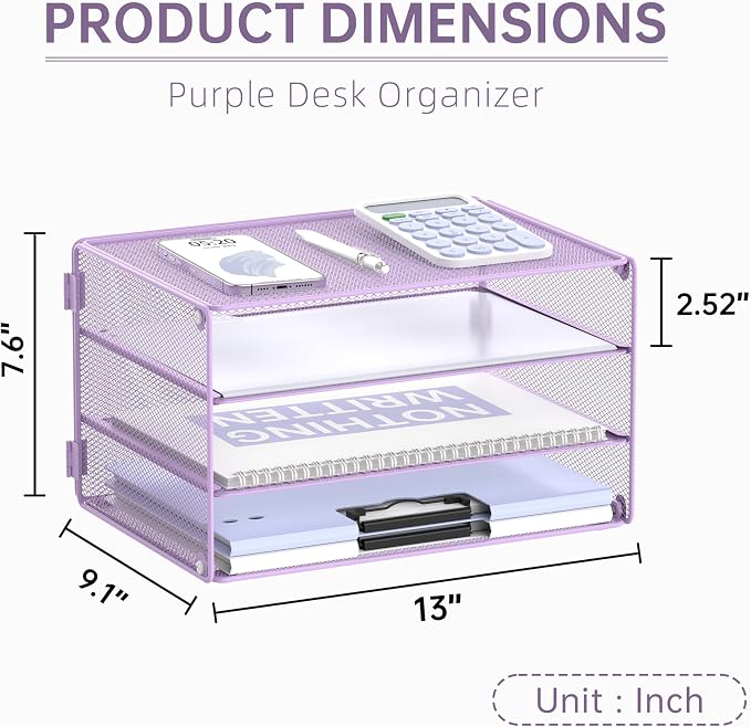 DALTACK 3 Tier Letter Tray Paper Organizer with Sliding Mesh Trays Purple | Metal Mesh File Organizer with Sliding Trays for Letter and A4 Paper, Mail, Bills, Folders and Office Documents
