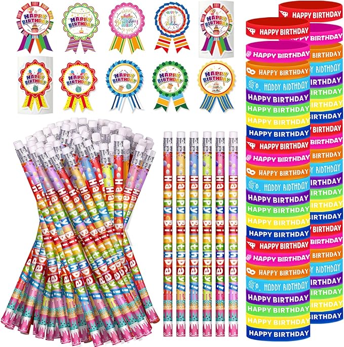 296 Pcs Birthday Pencils Set: 48 Happy Birthday Pencils, 48 Wristbands, 200 Badge Stickers for Teacher, Classroom, Party Supply