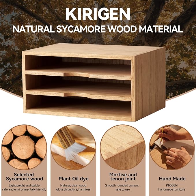 KIRIGEN Wooden Desk Organizer 3-Tier Letter Tray and Paper Sorter, Natural | Solid Wood Paper Tray Document Holder Organizer for Letters, Files, Folders, Mail, Magazines and Office Supplies