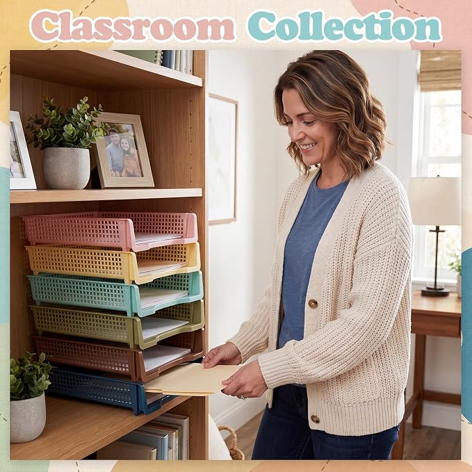 Weysat 6 Pcs Turn in Trays Classroom, Stackable Paper Tray for Classroom Organization Plastic Desk File Organizer Bin Basket for Library Drawer Teacher Office Document Storage (Morandi Tones,Narrow)