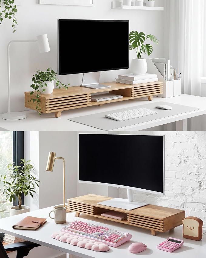 Bamboo 42” Dual Monitor Stand with Sliding Doors Desk Shelf | Ergonomic Relief Easy Assembly Solid Construction Cozy Workplace Computer Setup Desk Organizer High Load-bearing