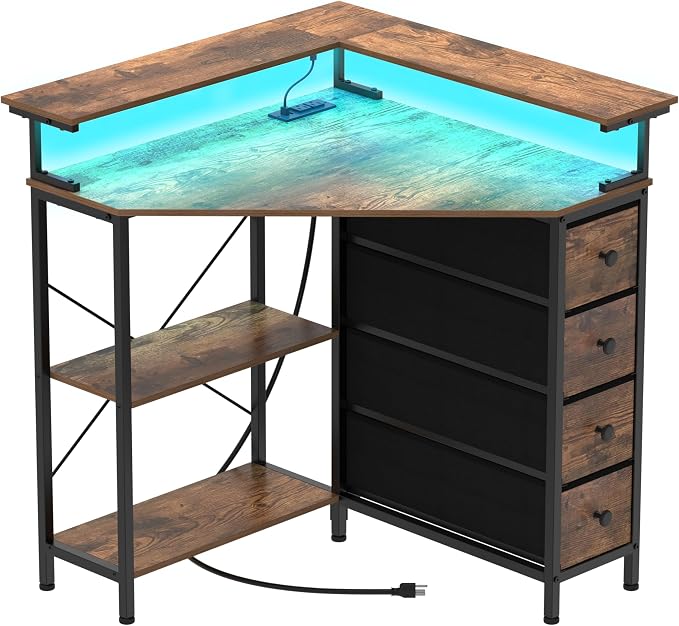 VENNQD Corner Desk with Drawers Shelves for Small Space 90 Degrees Triangle Computer Desk with Power Outlets,Gaming Desk with LED Lights Monitor Stand for Home Office Workstation Writing Table (Brown)