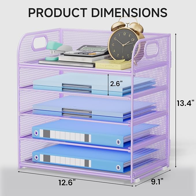 5-Tier Stackable Paper Organizer with Handle, Purple | Metal Mesh Letter Tray, Elegant Desk File Sorter for Office, Home & Classroom Organization