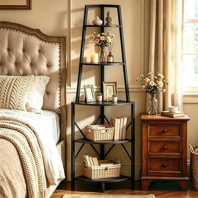 HOOBRO 5-Tier Corner Shelf with LED Lights, 67.9” Tall Corner Shelf Stand, Corner Bookshelf, Corner Plant Stand Display Shelf, for Living Room, Kitchen, Home Office, Black BB120DCJ01