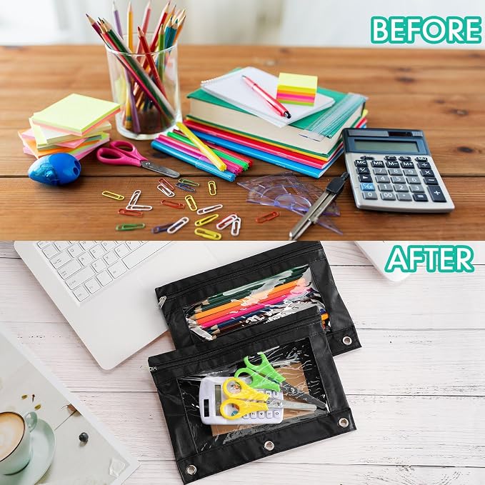 30 Packs Pencil Pouch 3 Ring Binder Pen Pouch Cloth Pencil Pouches Zipper Pen Case Bag with Clear Window for School Office Writing Supplies Gifts(Black)