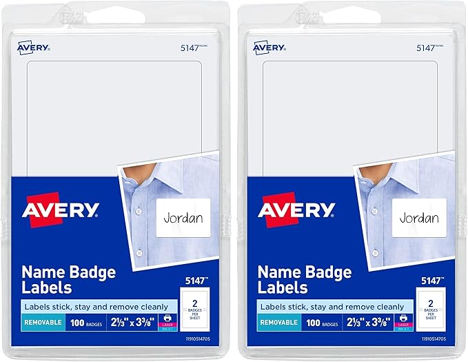 Avery Customizable Name Tags,2-1/3" x 3-3/8",White,100 Removable Name Badges (05147),(Pack of 2)