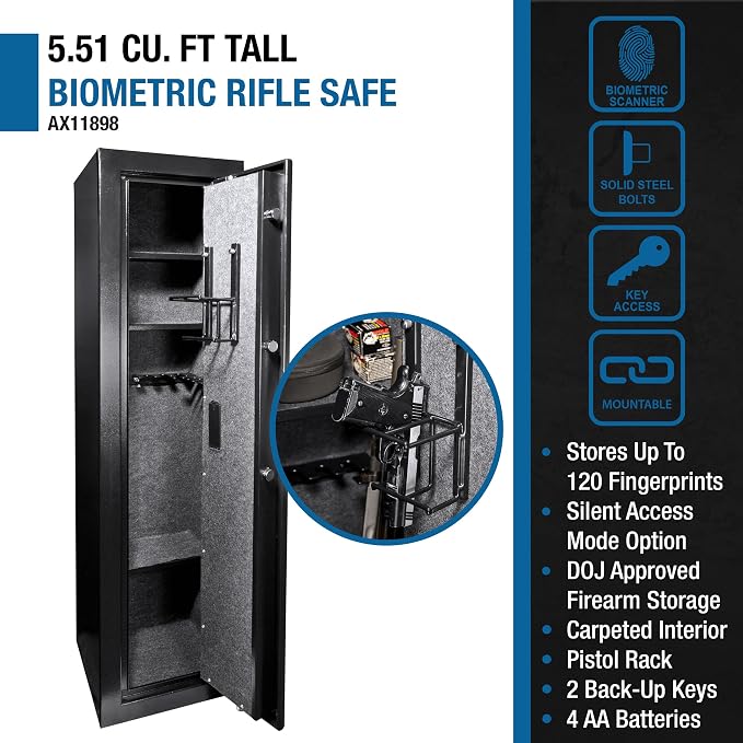 Barska Biometric Rifle Gun Safe – Quick Access Fingerprint Long Gun Safe for Home, DOJ Approved, Silent Mode, Removable Shelf, Backup Keys & Battery