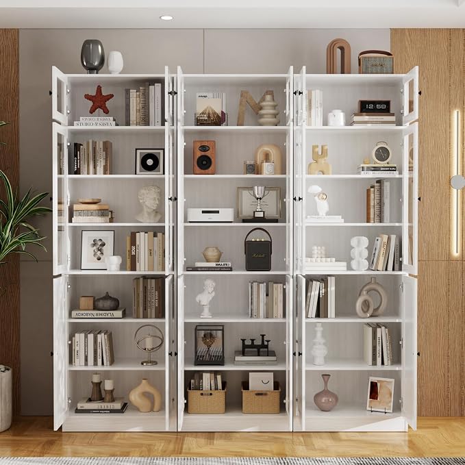 TUSY 85.5" Modern Tall Bookcase with Glass Doors, 7-Tier Wood Bookshelf with Storage for Home Office, Large Curio Cabinet for Living Room, Office, Bedroom, Family Room (White, BCB)