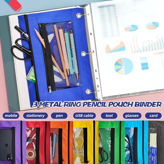 48 Pack Pencil Pouch for 3 Ring Binder Mesh Zipper Pencil Case Assorted Colors Pencil Bag Binder Pouches Pen Zipper Pouch for School Office Writing Utensils Storage Supplies, 8 Colors