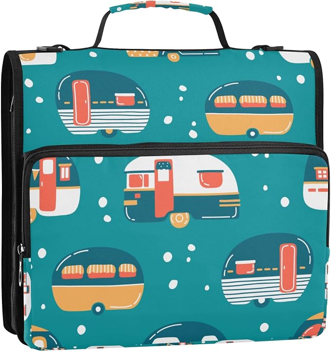 Fisyme Cartoon Camping Trailers Zipper Binder 3 Ring with Zipper and Shoulder Strap Large Capacity Multi-Pocket Zipper Binder Organizer