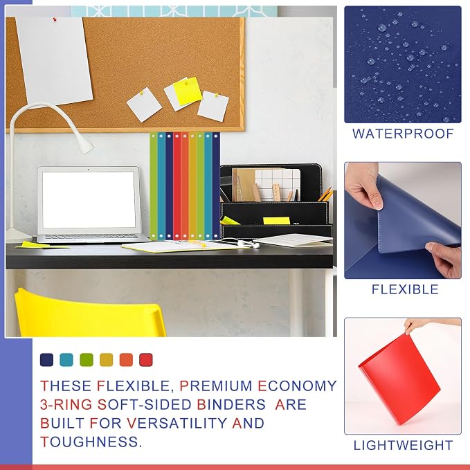 Fulmoon 48 Pack 3 Ring Plastic Binders 1.5 Inch Bulk with 2 Pockets, Flexible Binder Loose Leaf Hardcover, Fit 12" x 10" US Letter Size Paper, for School Office Home, 6 Colors(Vibrant)