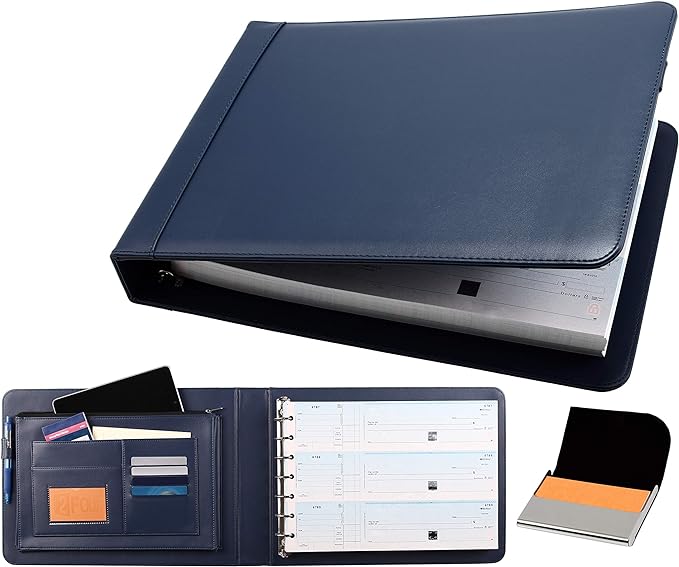 2Fold Business Check Binder 7 Ring for 3-Up Business Size Checks with Extra Business Card Case - PU Leather Deluxe 7 Ring Checkbook Binder Portfolio with 600 Check Capacity and Storage