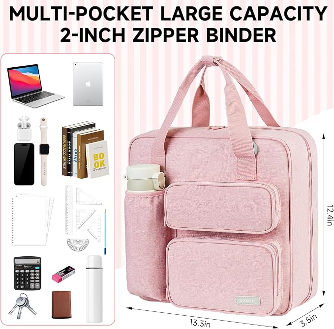 Zipper Binder 3 Ring, 500 Sheets Capacity, Binder 2 Inch with Shoulder Strap Fits 13 Inch Laptop for School and Office,Pink