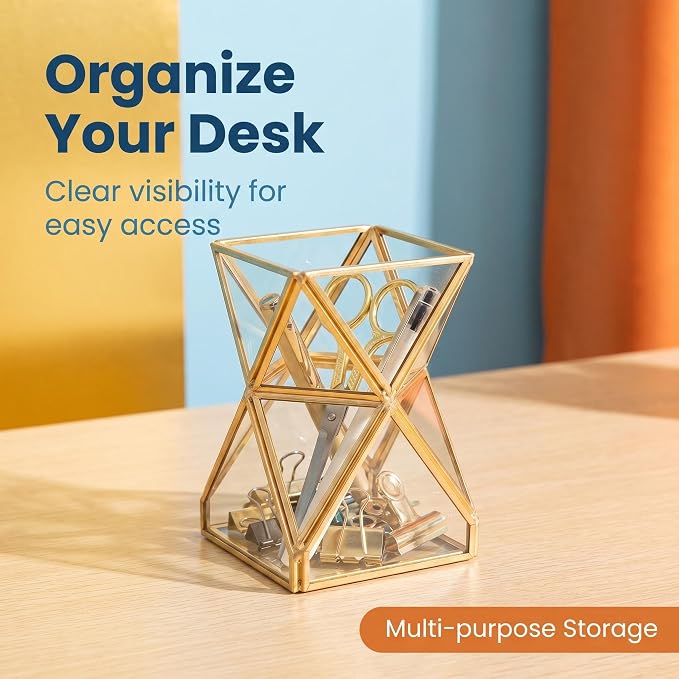 JIARI Glass Pen Holder Cup for Desk, Pencil Cup Holder, Gold Brass Frame Glass Pen Cup for Desk Office Pen Organizer 3.7 x 3.7 x 5.7 inche (Pencil Holder-D07B)