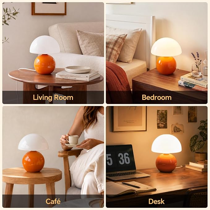 Mushroom Lamp Table Lamp for Bedroom,Desk Bedside Small Lamps for Living Room Night Stands,Mushroom Decor Cute Mini Modern Mid Century Lamps,Unique Aesthetic Home Living Room Decor(Orange)
