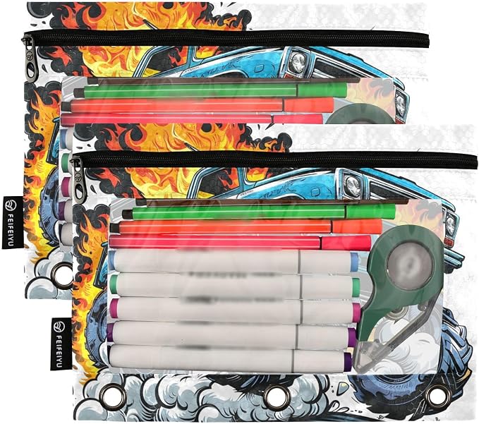 Truck Fire Pencil Pouch for 3 Ring Binder, 2 Pack Waterproof Pencil Bags Clear Window Zipper School Office Supplies