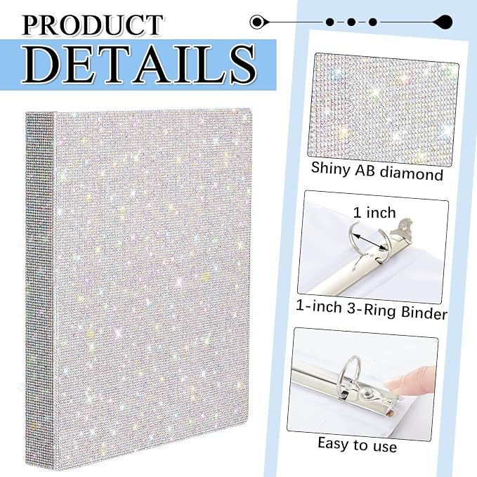 Bling 3 Ring Binder Silver Rhinestone Glitter 1 Inch Binder Organizer with 2 Interior Pockets 8.5'' x 11'' Women Gift for Christmas Home Office School Use