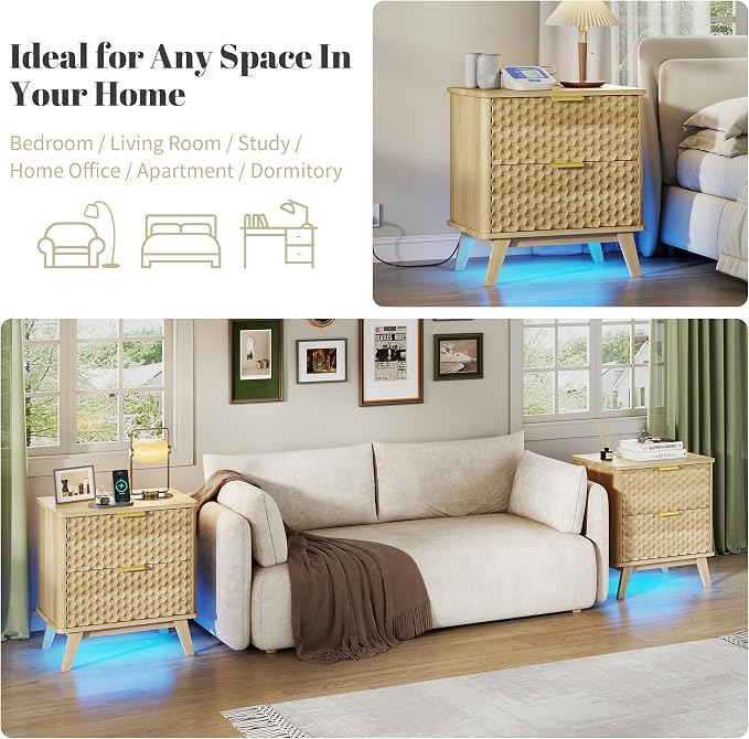 Smart Nightstand with Charging Station and LED Lights, Natural Oak | 23.62" Wide Night Stand with 2 Drawers, Motion Sensor Motion-Activated Underlight, Honeycomb Bedside Table for Bedroom