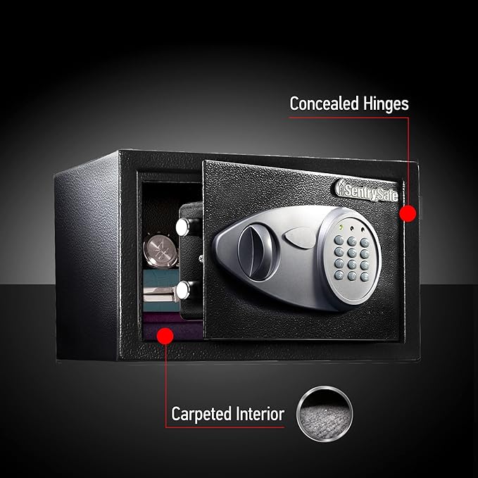 SentrySafe Safe with Digital Keypad Lock, Steel Safe with Interior Lining and Bolt Down Kit for Money, Jewelry, Electronics, 0.58 Cubic Feet, 8.7 x 13.8 x 9.7 Inches, X055 | Steel Safe With Interior Lining and Bolt Down Mounting Kit and Digital Keypad ...