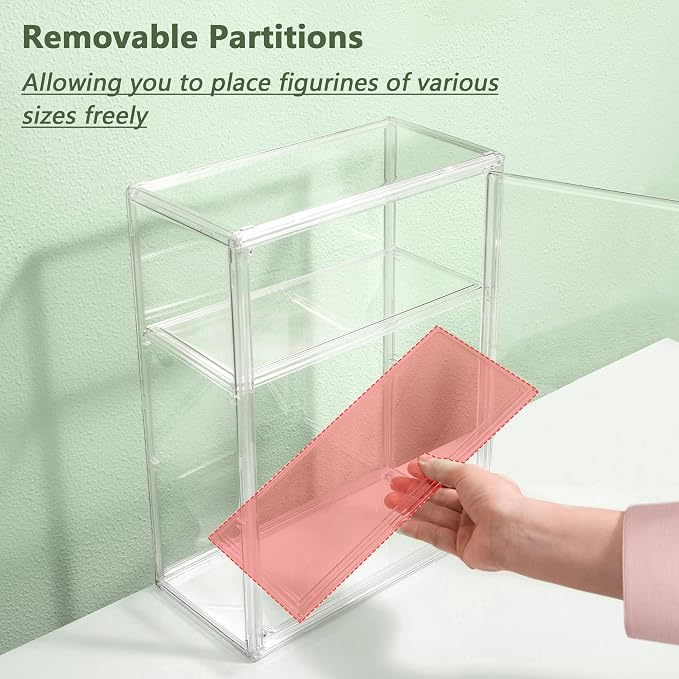 LXLXXL Acrylic Display Case 3 Tier Wall-Mounted for Collectibles,2 Pack | Dual-use Tabletop＆Wall Mount with Adhesive Buckles, Magnetic Door,2 Removable Partitions,Tool-Free Assembly for Collectibles