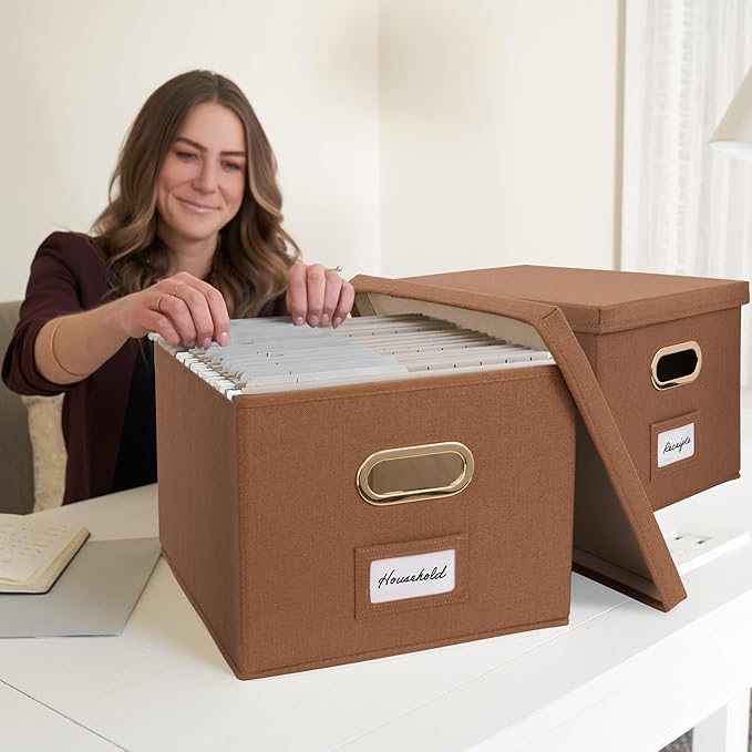 Decorative File Organizer Box Set of 2 - Collapsible Linen Filing Cabinets | Stores Documents and Hanging File Folders - Portable Office Crates with Lid and Handles for Easy Slide Access