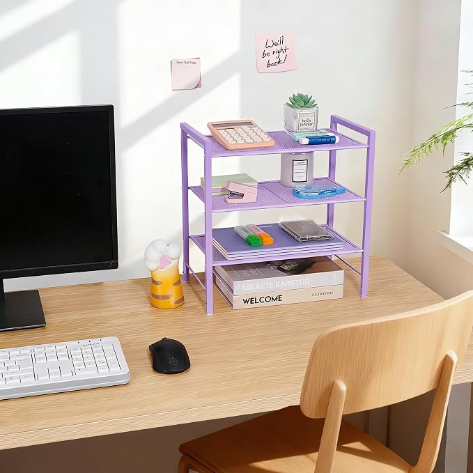 Desktop Shelf Organizer, 3-Tier Desk Organizer, Adjustable Metal Bookshelf for Top of Desk, Office Storage Rack for Office, Home, Dorm and Small Spaces (Purple)